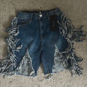 New Distressed Blue Denim Shorts with fringes